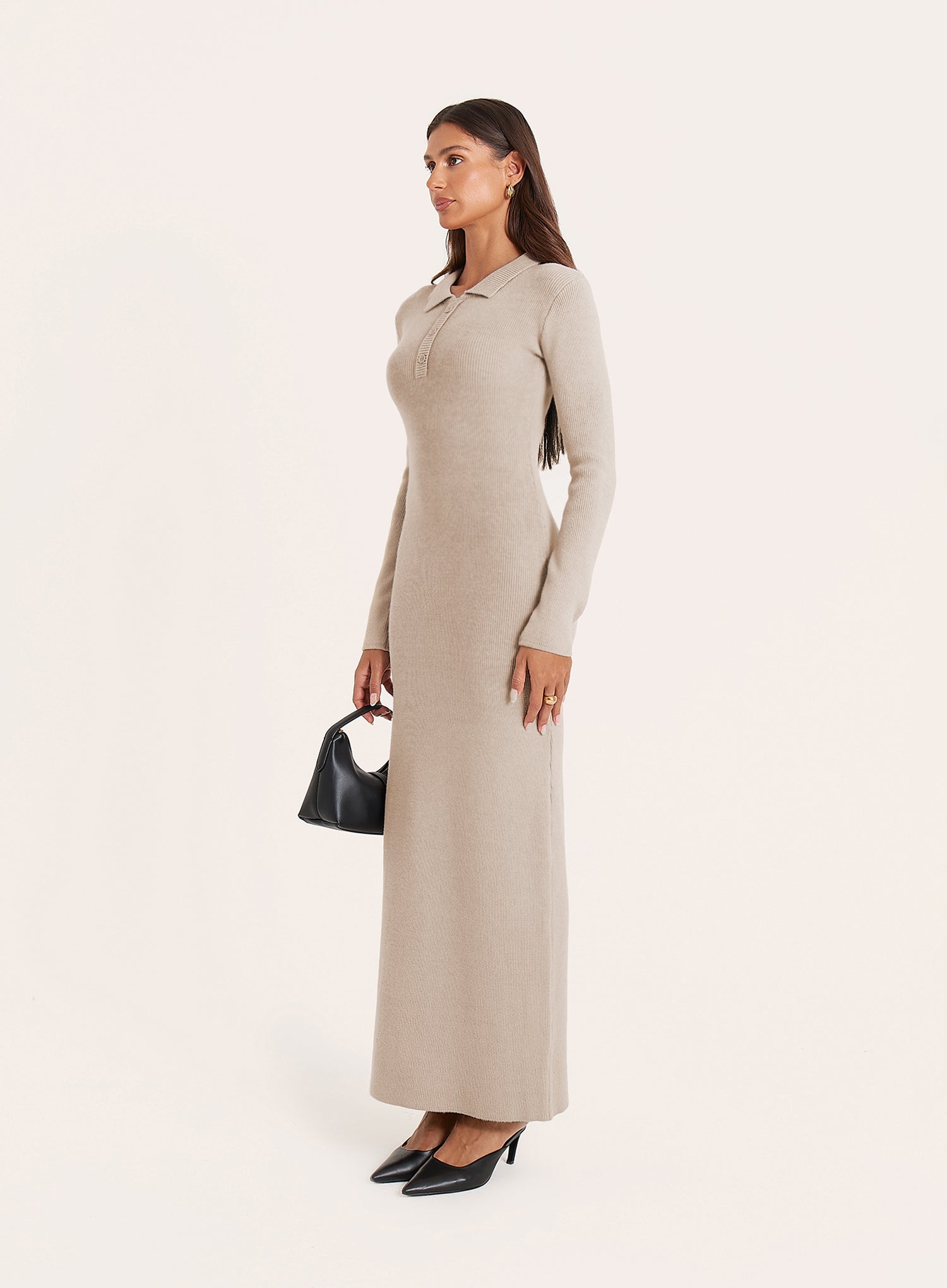 Beige Collared Knit Maxi Dress